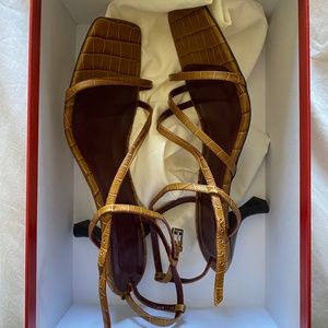 Staud Gita Strappy Sandal in Brown Croc Embossed Cowhide Leather Size 38.5, 8.5